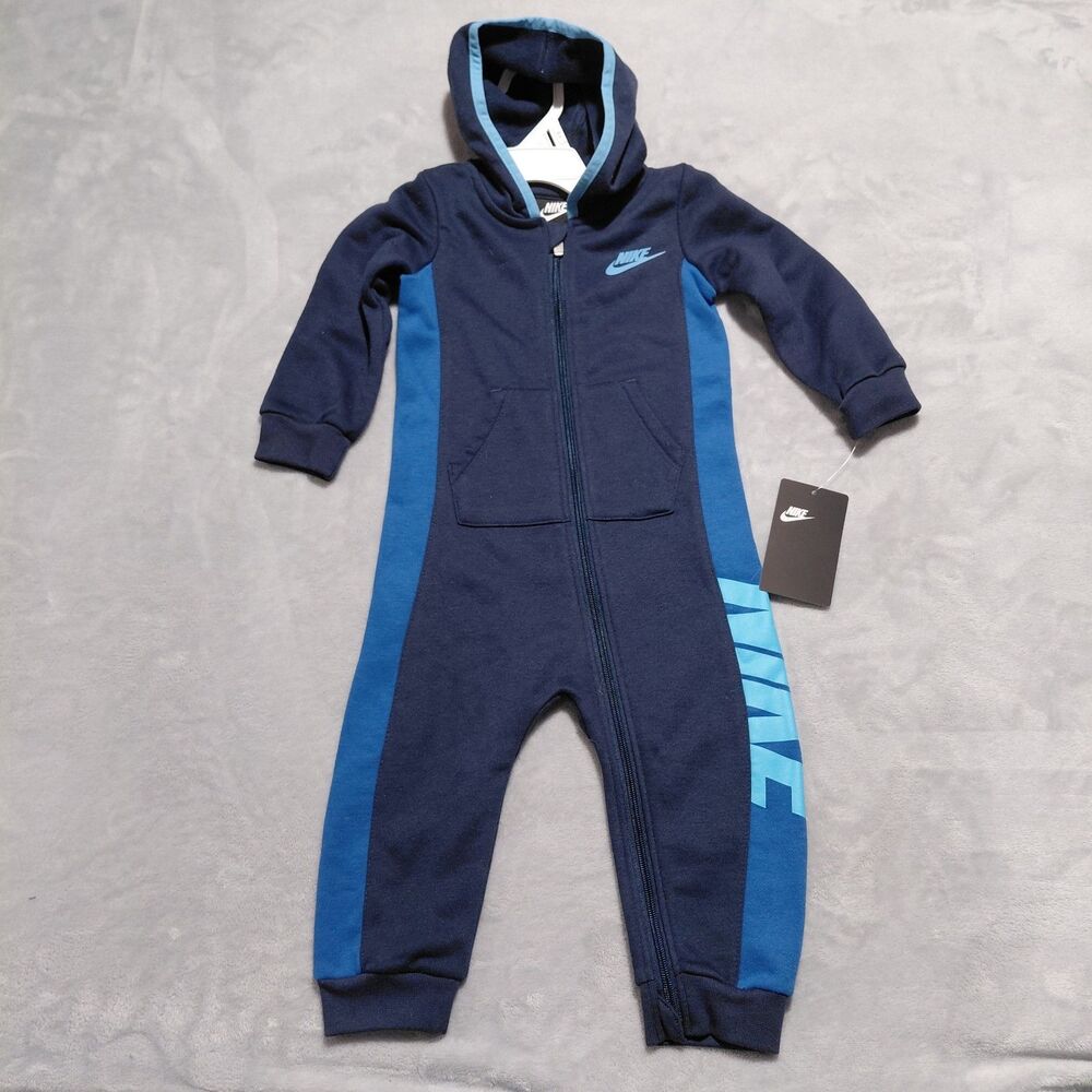 NWT 18M Nike Baby Boy Fleece Lined Hooded Coverall Navy Blue Full Zip Sweatsuit